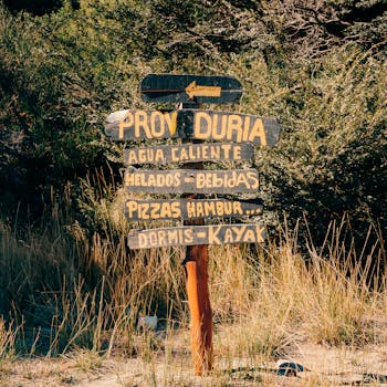 A rustic wooden signpost in San Carlos de Bariloche, Argentina, surrounded by nature.