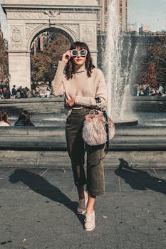 一位戴着太阳镜的时尚女子在纽约华盛顿广场公园的喷泉旁摆姿势