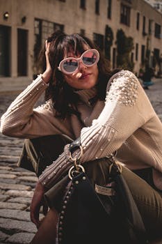 一位时尚女性身着潮流服饰，戴着墨镜，在城市中摆出姿势