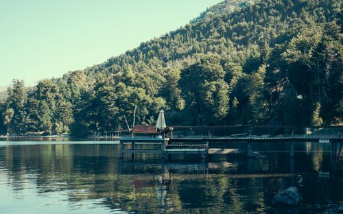 Free Serene lake with dock and forest in San Carlos de Bariloche, Argentina. Stock Photo