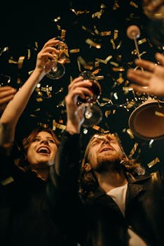 一群朋友在除夕夜派对上拿着五彩纸屑和饮料尽情享受