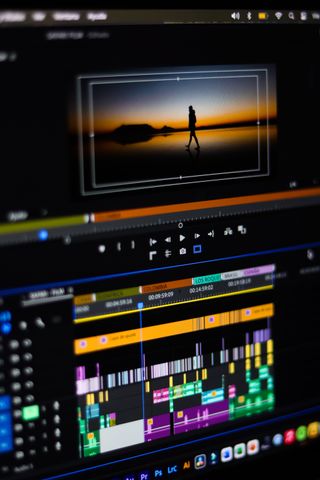 Video editing timeline with coloured clips on a dark screen