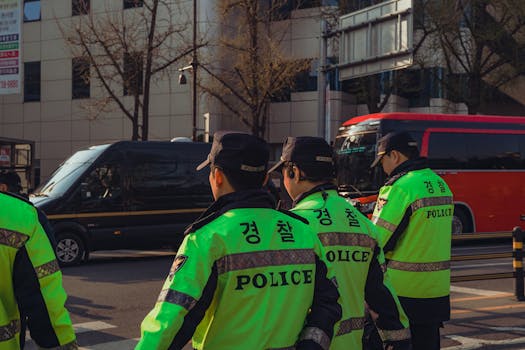 Uniformed police officers in vibrant gear monitor a busy Seoul street during the day.
