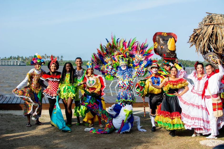 Vibrant colorful costumes and traditional dancers at Brazilian carnival celebration