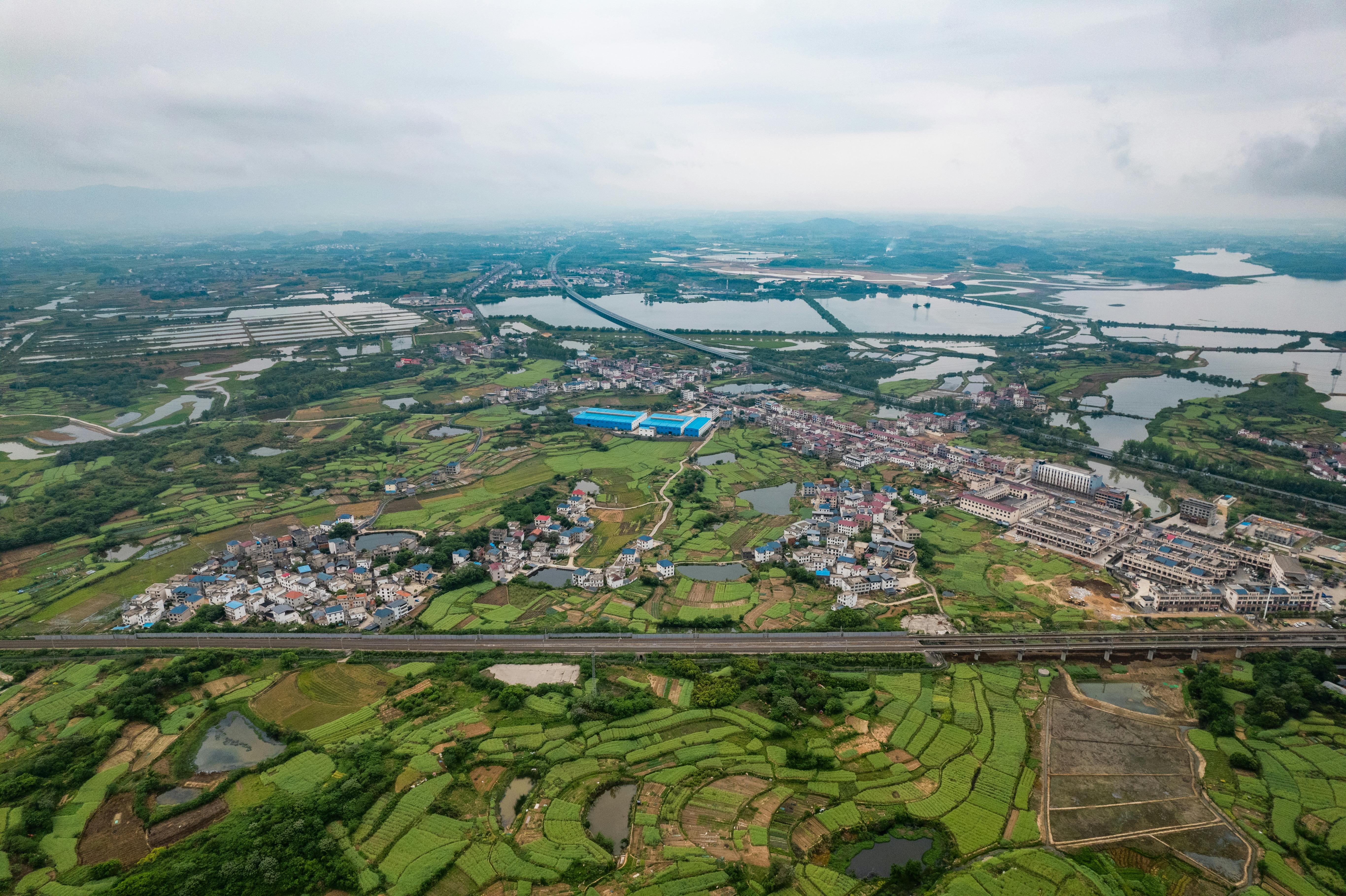 Aerial shot of a vibrant rural landscape with lush farmlands and scattered villages.