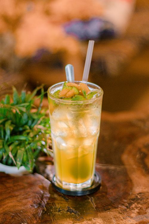 Free Chilled iced tea with a slice of lemon and mint, served on a rustic wooden table. Stock Photo