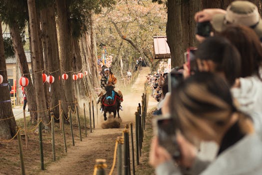 A skilled samurai performs yabusame, traditional horseback archery, amid a vibrant festival in Japan.