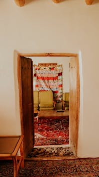 A warm, vintage room with an open wooden door revealing colorful decor and furniture.