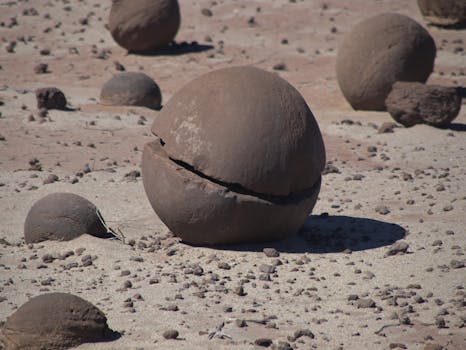 Eroded spherical rocks naturally formed in La Rioja Province, Argentina. Unique geological formation.