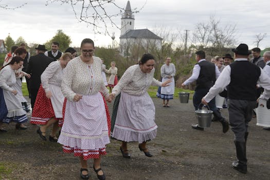 Men pour water on women in traditional Hungarian dress celebrating Easter in Tunyogmatolcs.