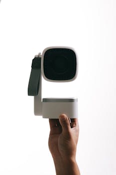 Close-up of a modern white tech gadget with hand holding it against a plain background.
