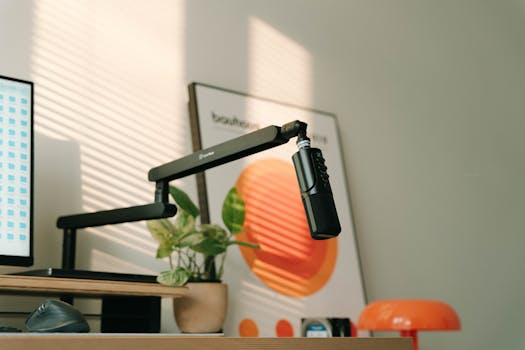 Stylish home office desk with microphone, plant, and modern decor in natural lighting.