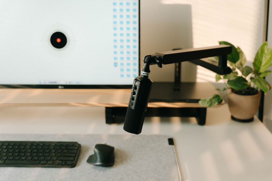 A contemporary home office setup featuring a microphone, keyboard, screen, and potted plant.