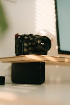 A sleek camera positioned on a contemporary minimalist desk with soft lighting.
