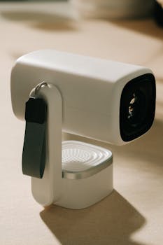 High-quality modern projector with strap on a neutral background, ideal for tech setups.