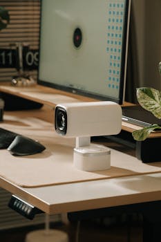 Cozy modern workspace featuring a sleek white desk lamp and computer monitor, perfect for productivity.