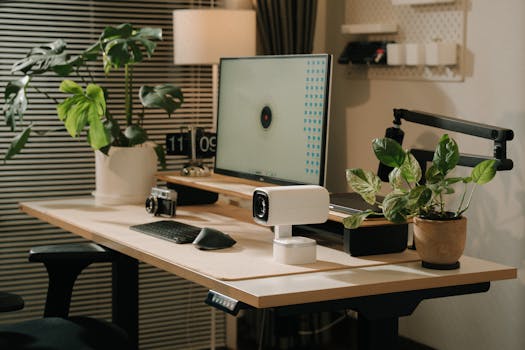A modern desk setup featuring greenery, technology, and stylish decor in an office setting.