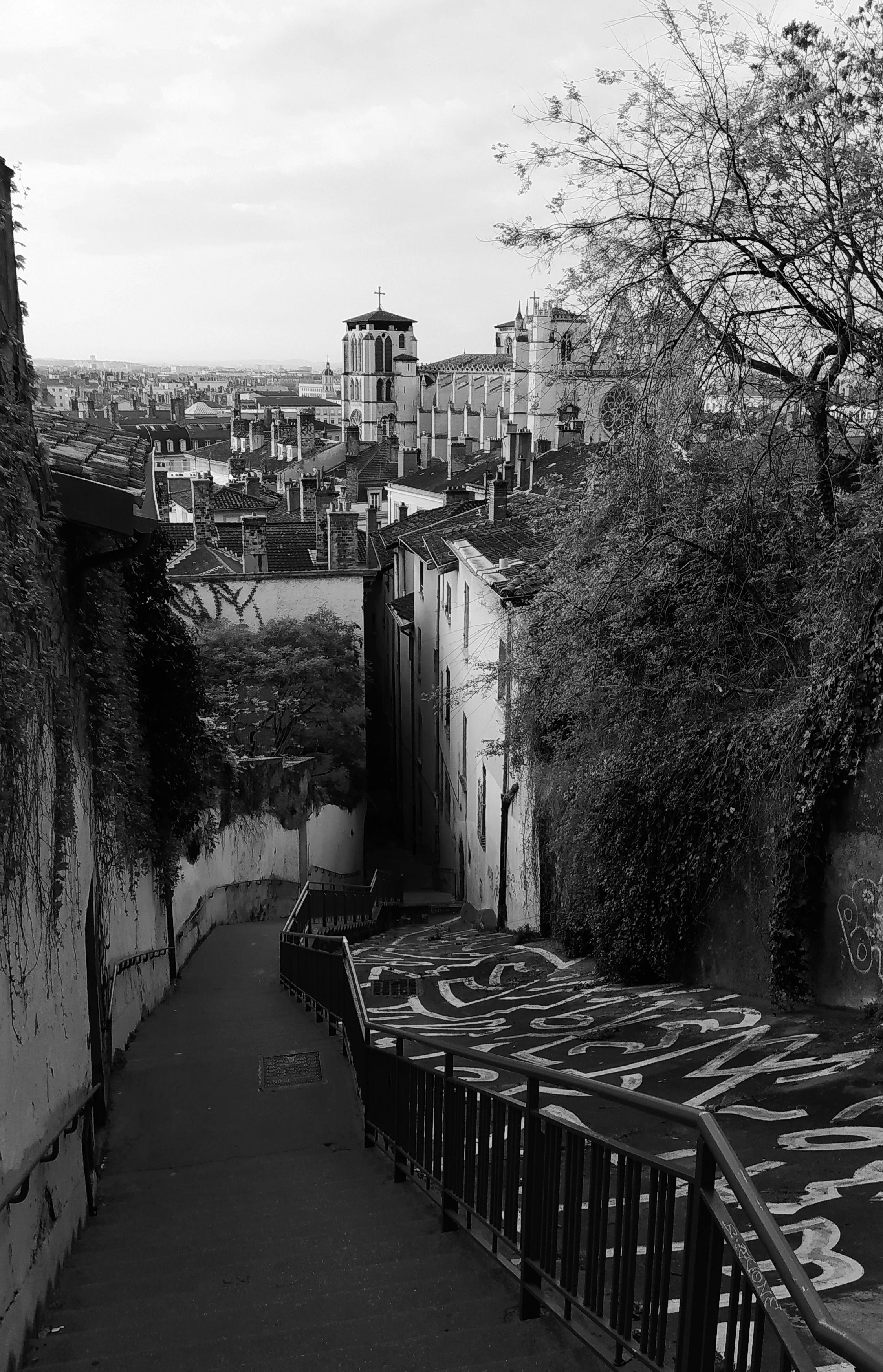 L'escalier de la Croix-Rousse en noir et blanc, vue sur la ville