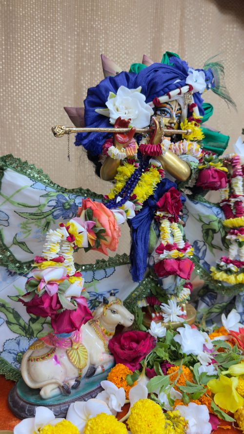 Free Vibrant statue of Krishna adorned with flowers and traditional attire. Stock Photo