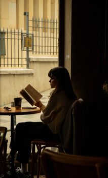 A woman immersed in a book inside a cozy Istanbul cafe. Captures tranquility and focus.