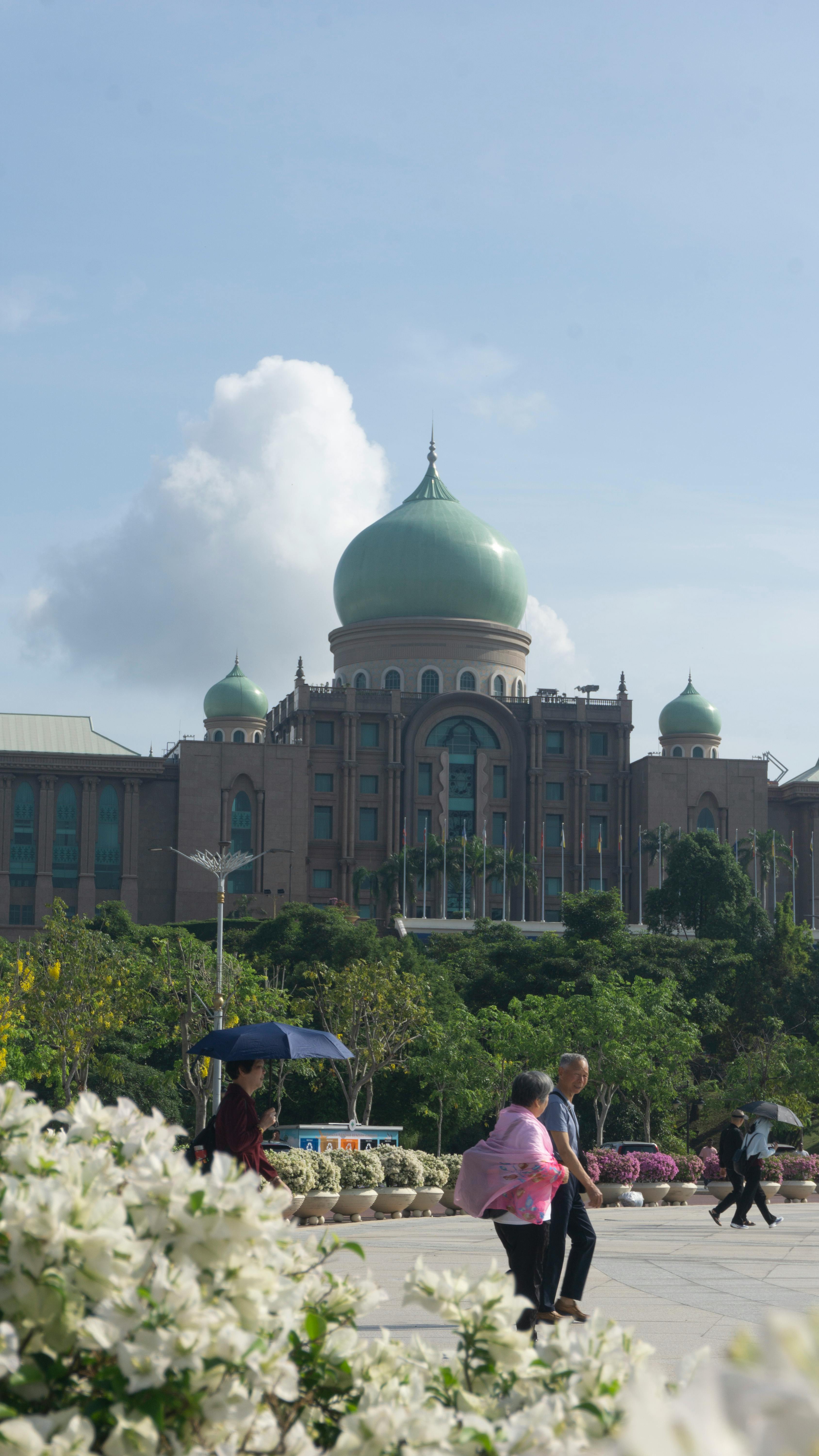 A stunning view of the iconic Putra Mosque with people enjoying a sunny day.