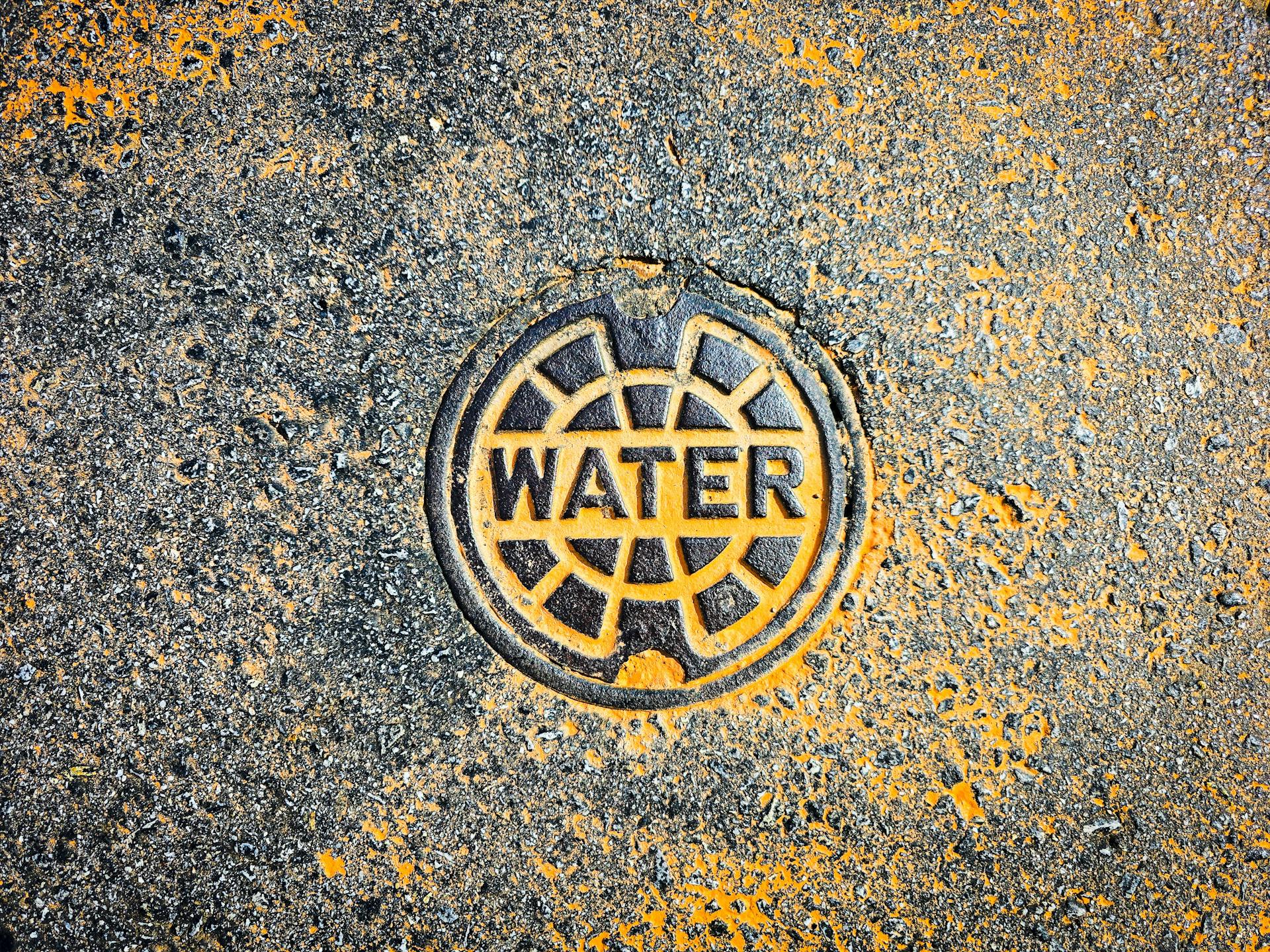 Colorful water utility cover on street pavement blends art with functionality.