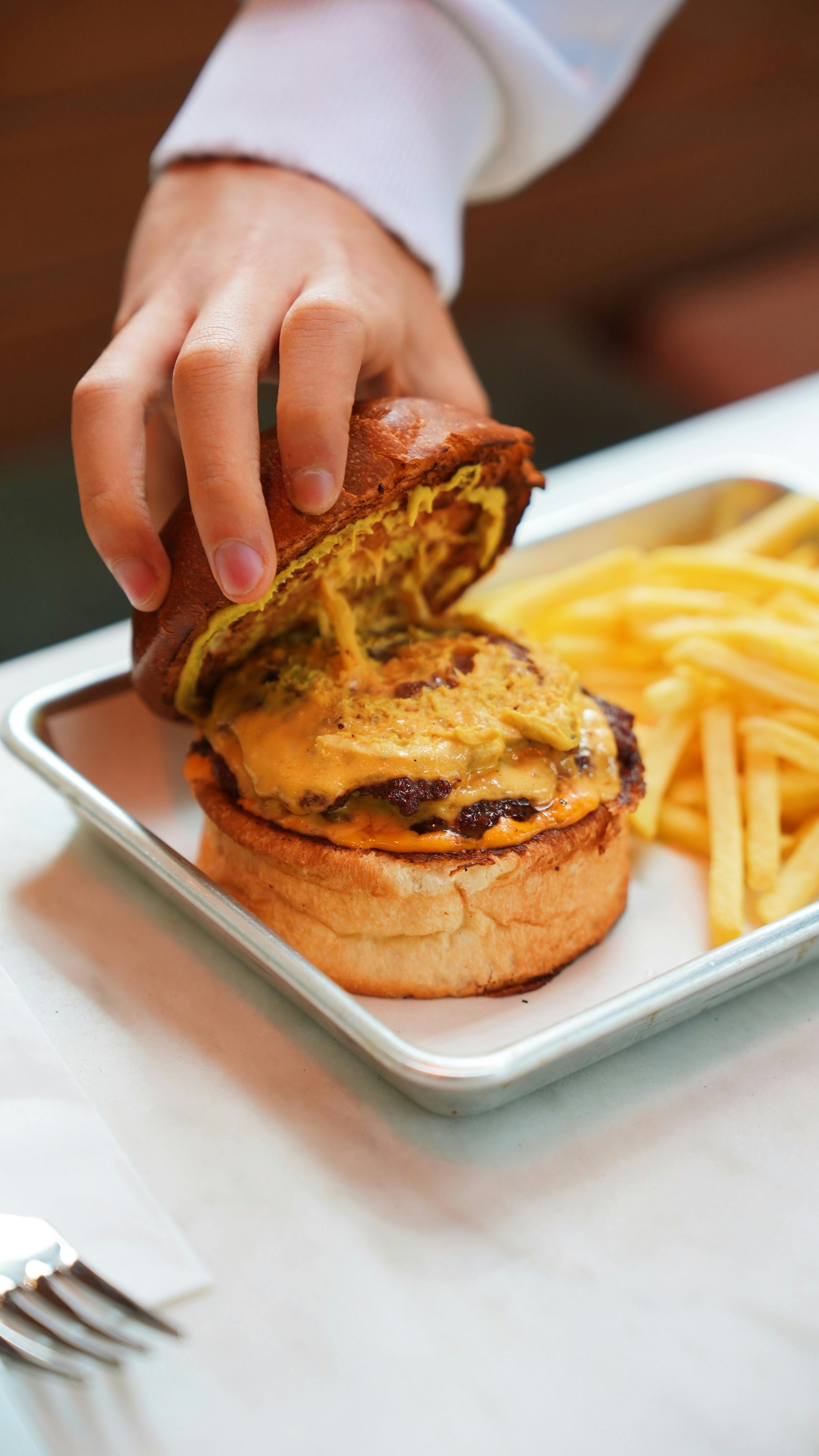 Fatih  Sucu - Tempting cheeseburger with fries on tray, hand lifting bun for a peek.