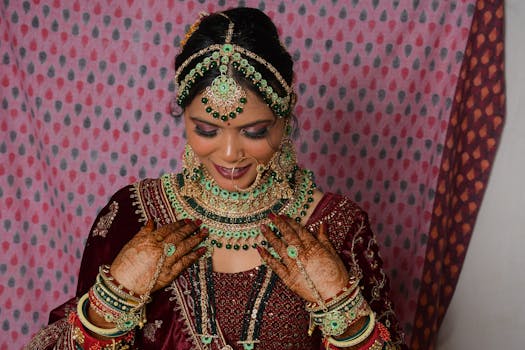 Beautiful South Asian bride adorned with intricate henna and traditional jewelry, radiating joy and elegance.
