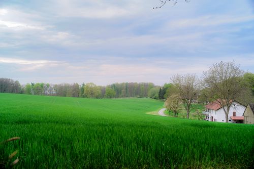 Free Idyllic rural landscape featuring lush green fields and a farmhouse under a cloudy spring sky. Stock Photo