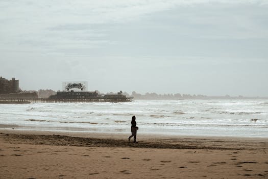 A lone person walks along a deserted beach with a vintage pier in the background.