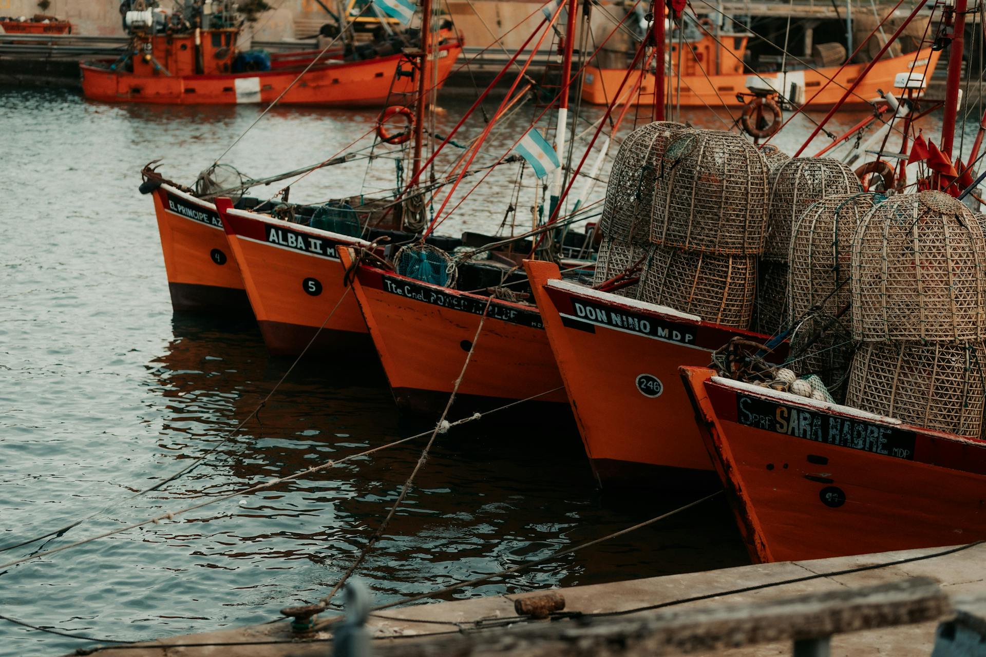 Brightly colored fishing boats docked in a harbor, featuring lobster traps and a calm water setting.