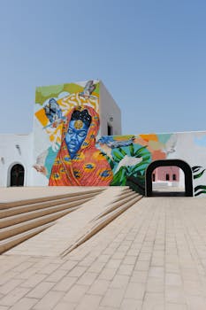 Vivid mural of a woman and birds on a contemporary building exterior.