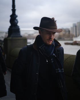 A candid capture of a man in a stylish hat walking by the Thames in London.