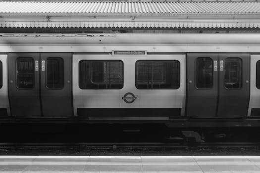 Black and white image of a London Underground train at a station platform, showcasing urban transit.