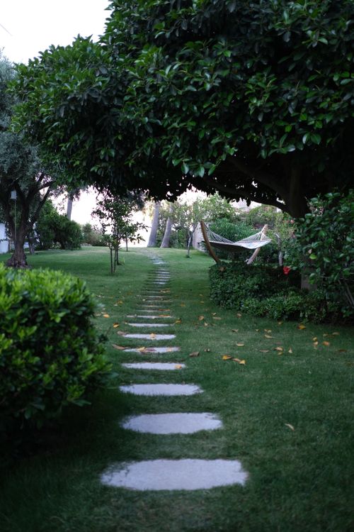 Free A tranquil garden scene featuring a stone pathway under lush trees leading to a hammock, ideal for relaxation. Stock Photo