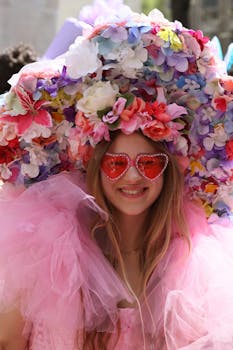 A vibrant floral Easter bonnet worn during a festive parade in New York City.