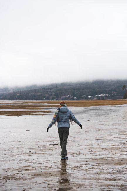 A person strolls alone on a scenic, misty beach with distant mountains.