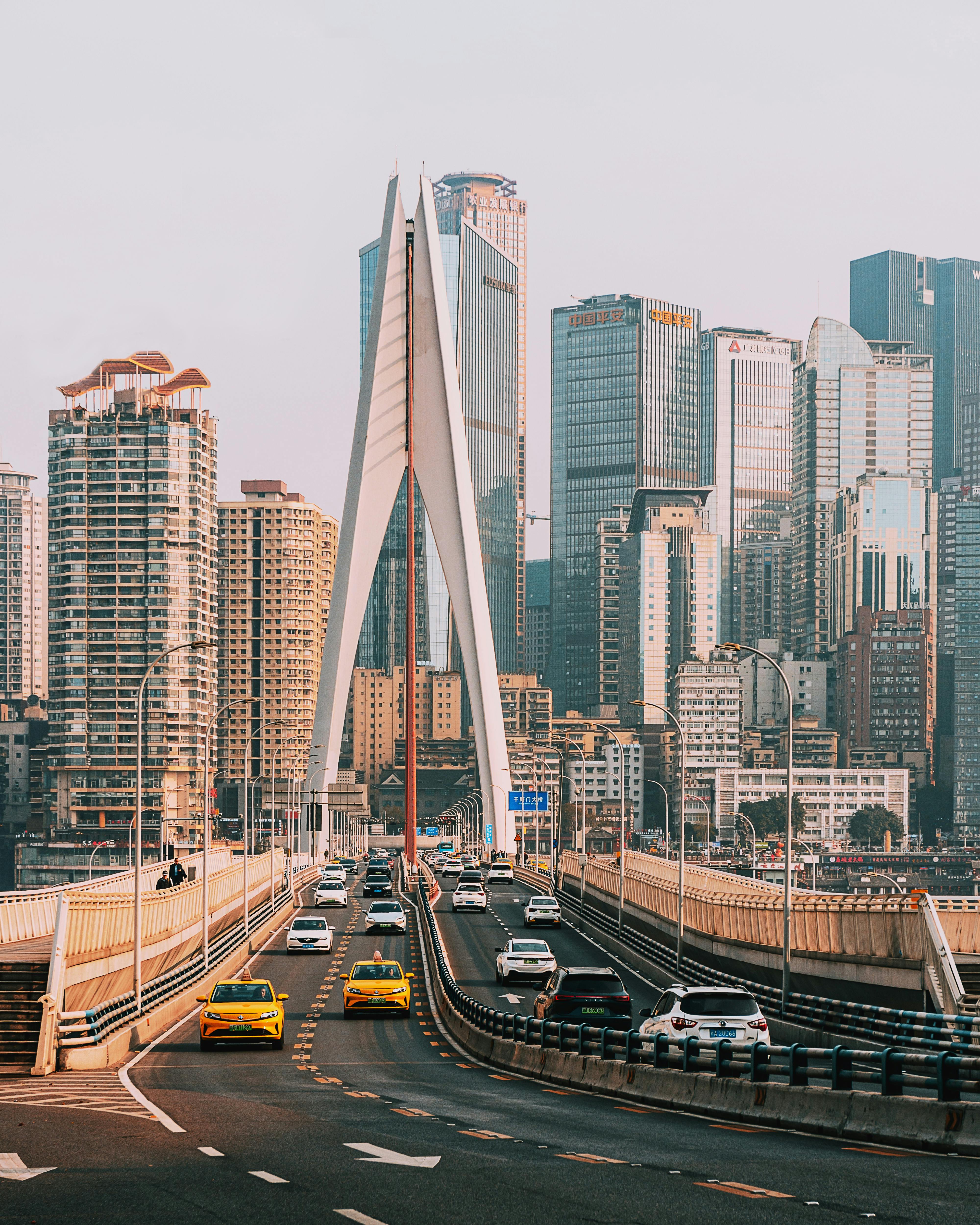 Cityscape showcasing a modern bridge and high-rise buildings on a clear day in Chongqing.
