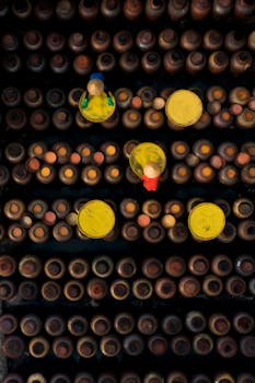 Top-down view of colorful pottery with people in bright hats, creating an abstract art scene.