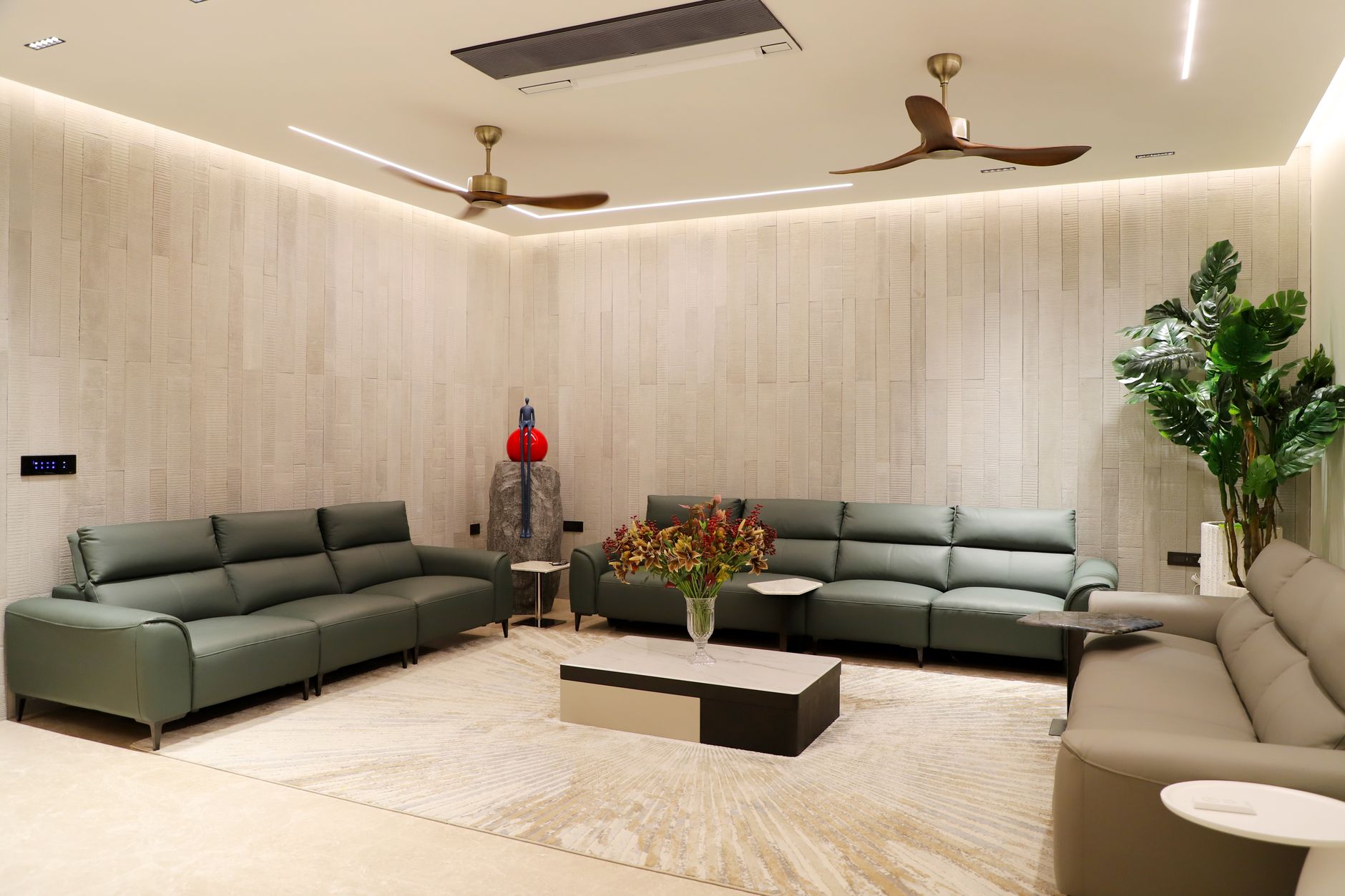 A sophisticated luxury wellness lounge featuring minimalist design and subtle bio-scalar energy technology for executive focus.