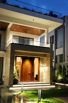 Elegant entrance of a modern luxury home illuminated at night with stylish architecture.