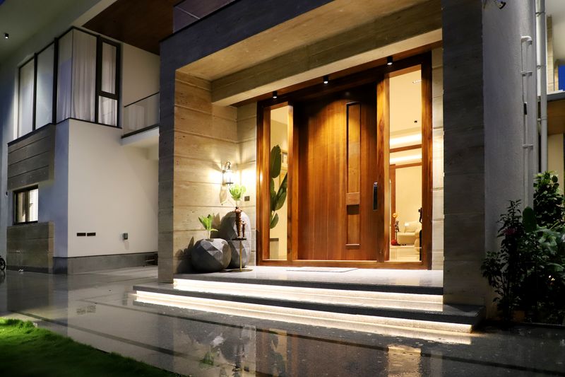 Illuminated modern entrance at night