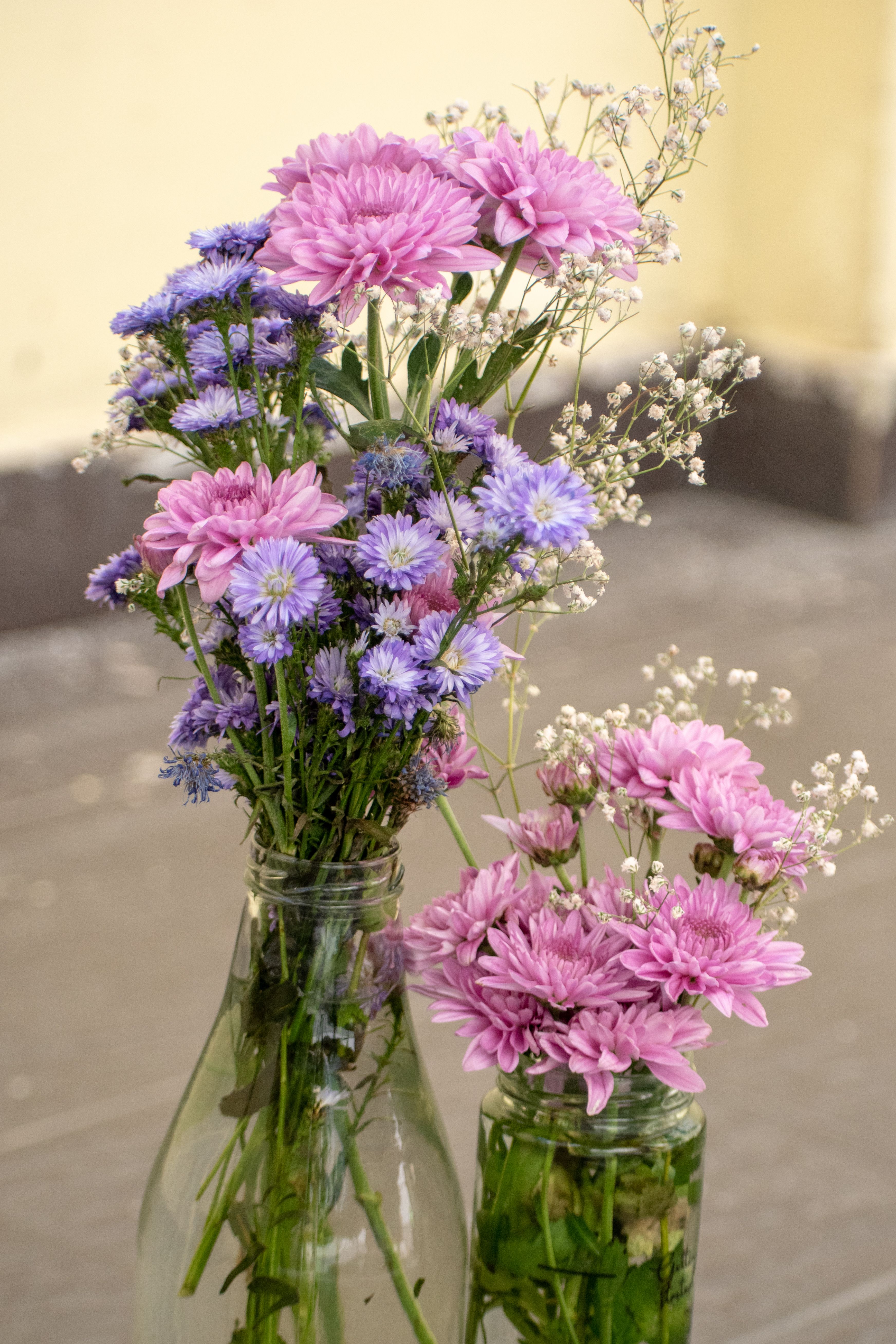 [ColoSach]-charming-arrangement-of-pink-and-lavender-flowers-in-glass-vases,-perfect-for-decor.