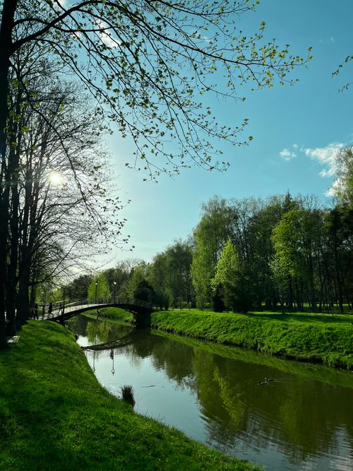 Free Tranquil spring scene with a bridge over a river surrounded by lush greenery. Stock Photo