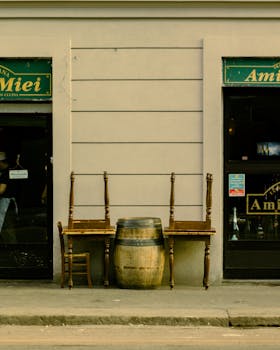 Rustic Italian café exterior with vintage decor and signage.