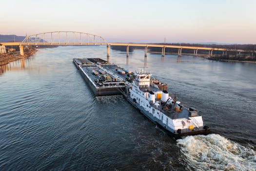 A barge navigates the Mississippi River near Wabasha, Minnesota with the Highway 60 Bridge in the background.