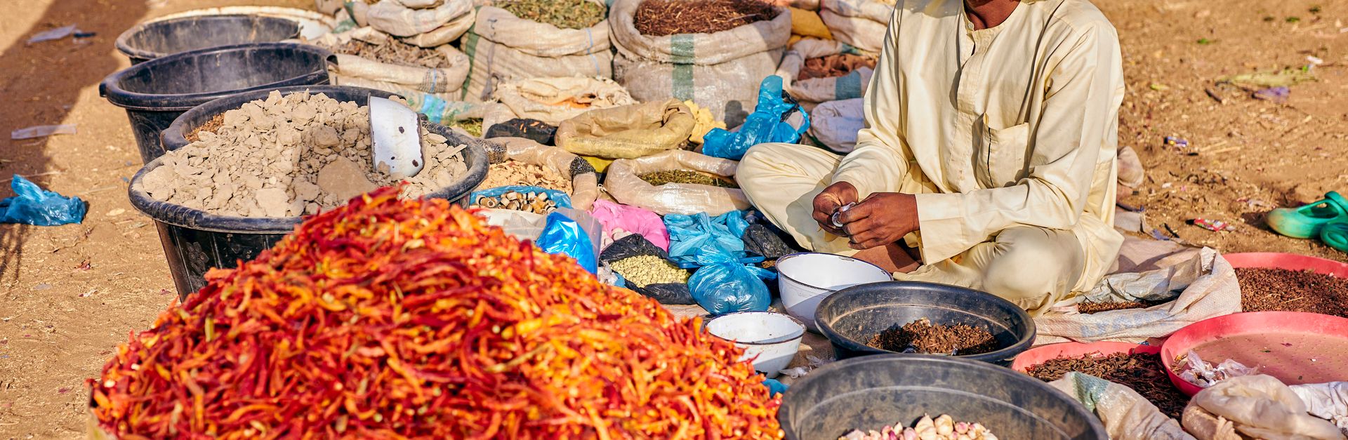 Vibrant market scene in Nigeria showcasing a vendor selling various spices. A rich display of cultur