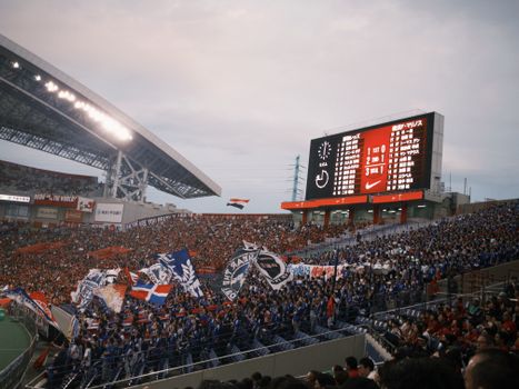 A vibrant soccer match with cheering fans at a packed stadium showcasing team spirit.