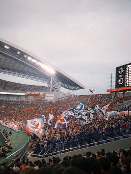 Energetic football fans waving flags and cheering at a stadium event.