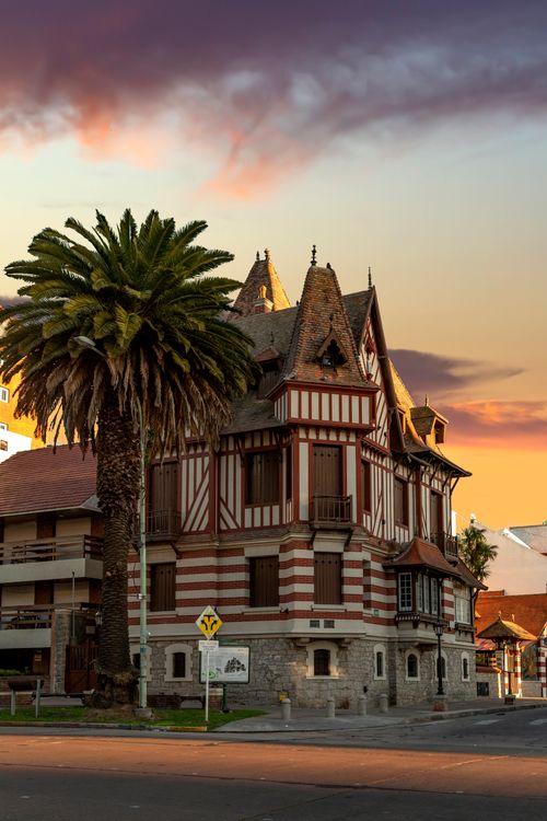 Free Charming historic villa with distinctive architecture in Mar del Plata, Argentina during sunset. Stock Photo